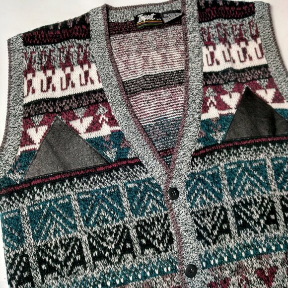 Vintage 1990s Impact Sweater Vest Men Large Gray Purple Geometric Leather Trim - Picture 5 of 16